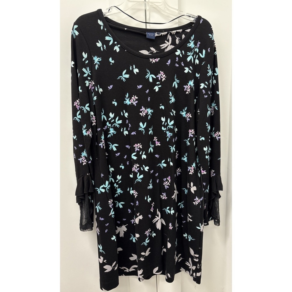 Kaari Blue Womens XL Black Floral Print Long Sleeve Dress